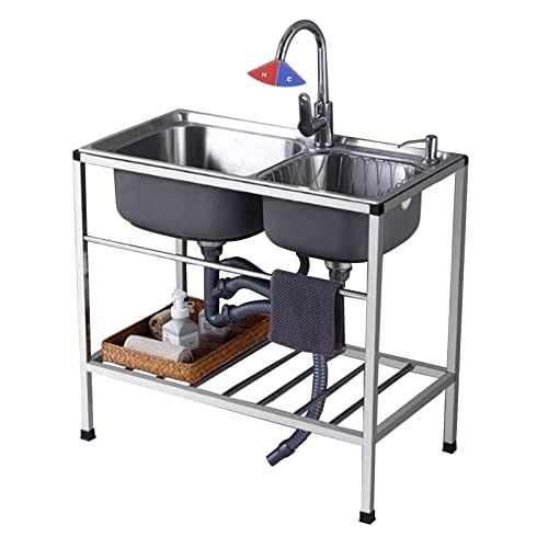 Fregadero Industrial de Acero Inoxidable Fregadero de restaurante comercial, fregadero de servicio, fregadero de cocina independiente de 2 senos con grifos de agua fría y caliente, fregadero