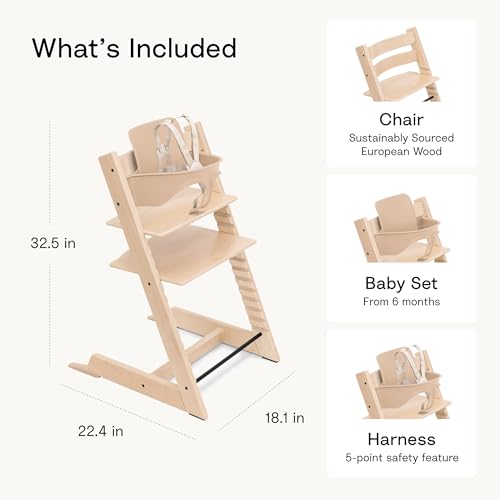 Image of Tripp Trapp High Chair Combo 2 - Includes Chair + Baby Set with Removable Harness for Children - All Age, Height Adjustable, Ergonomic, Premium Baby Wooden High Chair for Feeding and Sitting (Black)