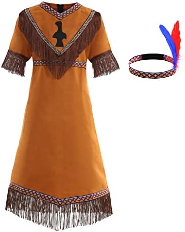 yolsun Girls Native American Dress Brown Indian girls Dress Outfit (7-8 Years, Brown)