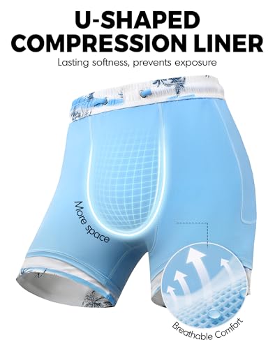 MOSSROZZ Mens Swim Trunks with Compression Liner - 7 Inch 2 in 1 Quick Dry Board Shorts with Zipper Pockets Bathing Suit for Beach, Pool, Vacation, White-Coconut Tree, 3XL — view 3