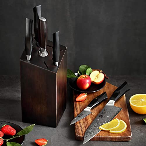 Foto von XINZUO Damaststahl 7-Teilig Messerset mit Messerblock und Wetzstahl, Profi Kochmesserset Chefmesser Santokumesser Tranchiermesser Universalmesser Obstmesser, ergonomischer schwarz G10 Griff