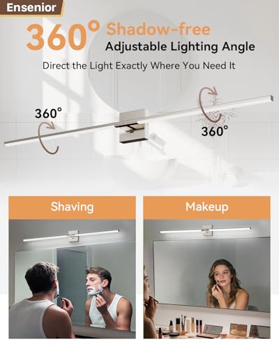 Image of Ensenior Modern Brushed Nickel Bathroom Vanity Light 48 inch, Built-in Dimmer, 2100LM Dimmable 5CCT Led Bath Lights, Bar Vanity Light for Bathroom Mirror Cabinets Bedroom-FCC & ETL Certificated
