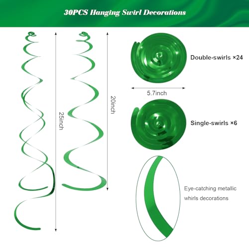 Image of 30 PCS Party Swirl Decorations Green Shinny Foil Hanging Swirl Decorations with Double-Swirls and Single-Swirls Plastic Streamer for Ceiling Plastic Metallic Streamer for Party Decorations