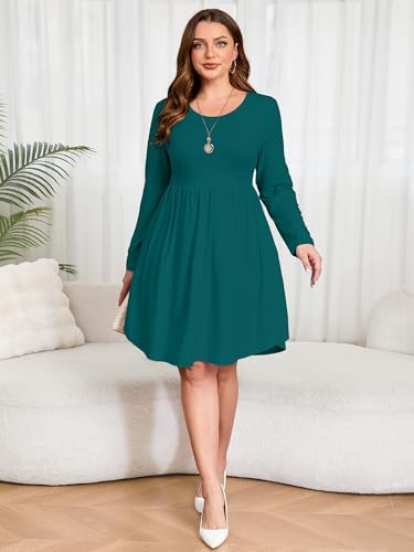 Image of AusLook Women's Plus Size Long Sleeve Midi Dress Casual Empire Waist Loose Flowy Dresses A-Line Boho Long Dress with Pockets