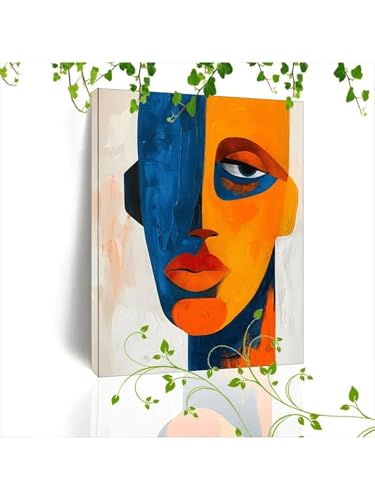 Peinture visage abstrait impression toile moderne orange et bleu - 5