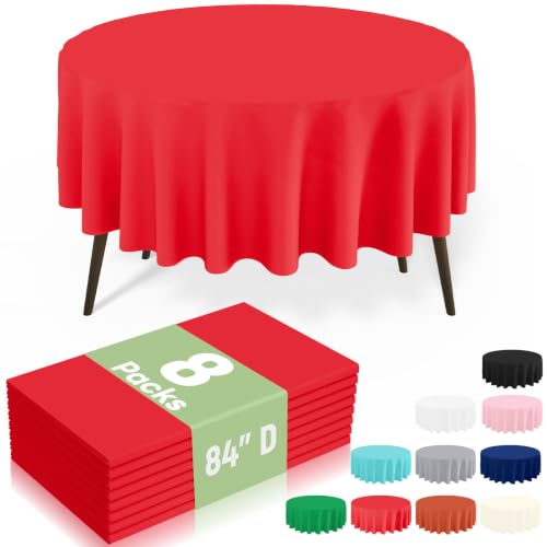 Image of misaya 8 Packs Disposable Plastic Table Cloth, 84 inch Round Waterproof Tablecloth, Leakproof & Sturdy Decorative Table Covers for Picnic, Party, Outdoor and Back to School, Red