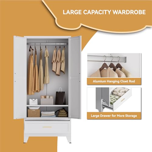 Image of Metal Wardrobe Closet for Bedroom, 71 inch Freestanding Armoire Wardrobe with Drawer and Shelf, Hanging Rod Clothing Storage Cabinet with Two Doors, Tall Farmhouse Clothes Cabinet Bedroom Armoires