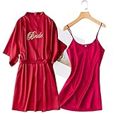 XiinxiGo Nachtwäsche Silk Imitation Bademantel Short Camisole Pyjamas Morgenmantel Damen Kimono Nachtwäsche für die Braut,Bride Weinrot 2,M