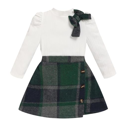 TITKKOP Toddler Girl Plaid Outfits Fall Winter Dress Knit Ribbed Bow Sweatshirt Tops and Button Fashion Skirts Set（white green plaid,6Y
