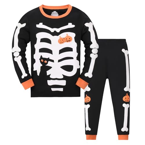 Pijama Halloween Niño Conjunto Pijamas Dos Piezas de Manga Larga Esqueleto Invierno Algodon Pantalón Y Camiseta, Brilla En La Oscuridad Ropa de Dormir para Niños Pequeños Ropa A Juego 2-10 Años