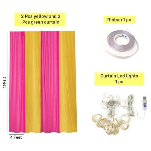 Image of Party Propz Yellow and Pink Backdrop Decoration with Curtain Light, Haldi Backdrop Decorations Set, Haldi Decoration Items for Home Decor, Pooja Background Decorations Items(Satin)(6Pc)
