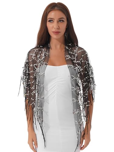 XUNZOO Women's Sparkling Sequin Shawl Wrap Evening Dress Wedding Holiday Sparkle Fringe Scarf Shrug2