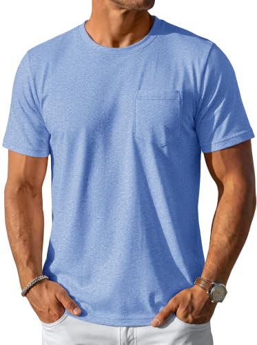 MAGCOMSEN Men's T-Shirts Short Sleeve Cotton Pocket Tee for Men Casual Crew Neck Plain Basic Tee Shirts Light Blue