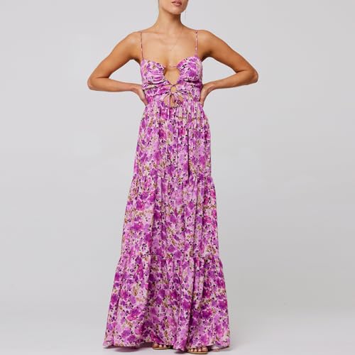 Image of Women Floral Maxi Dresses 2025 Sleeveless Spaghetti Strap Cut Out Casual Beach Midi Long Dress