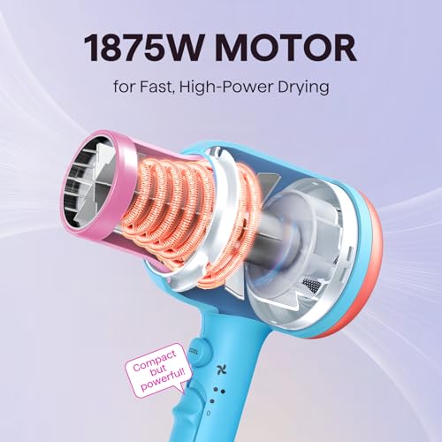 Image of Wavytalk Hair Dryer with Diffuser, Blown Away Ionic Hair Dryer for Curly Hair with Comb, 1875W Fast Drying Blow Dryer with Ceramic Technology, 3 Attachments for All Hair Types, Light and Quiet, Poppa