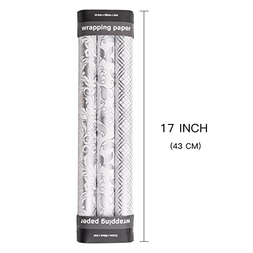 LeZakaa Silver Wrapping Paper Roll - Mini Roll - Floral/Bellflower/Plaid for Wedding, Bridal Shower, Birthday - 17 x 120 inches - 3 Rolls (42.5 sq.ft.ttl.) - Thumbnail 7