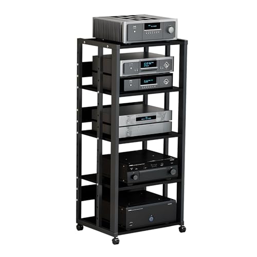 jvsufuik 5-Tier AV Media Stand with Wheels, Media Console Cabinet With Adjustable Shelves, Metal Audio Rack, Mobile Game Console Stand, Stereo Audio Cabinet For Record Player, Dvd, TV Box by jvsufuik - Used condition - US$121.59