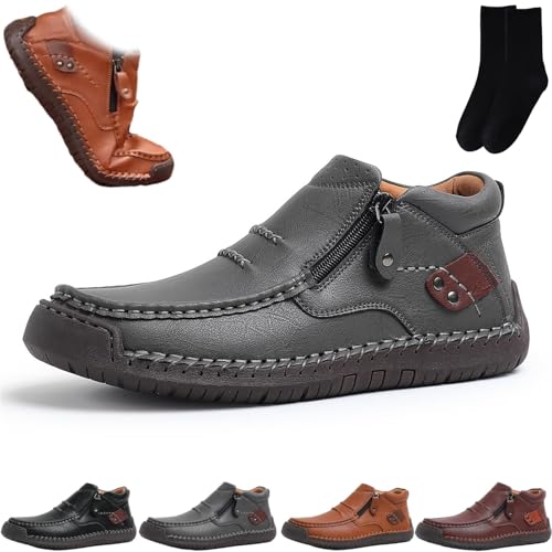Men's Handmade Leather Slip-On Boots, On Driving Boots with Side Zipper, Lightweight Arch Support for Outdoor Walking