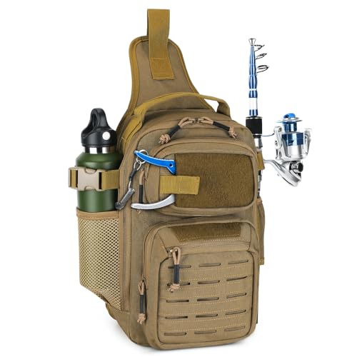 HUNTVP Bolsa tiracolo de pesca leve pequena mochila de pesca tática de ombro para homens com suporte de vara, Marrom, Bolsa tática com alça