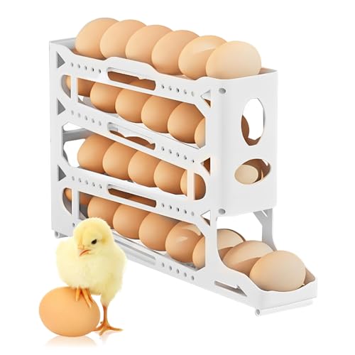 MEETOZ 4 Tier Egg Holder Storage for Fridge, Auto Rolling Space Saving Egg Tray Organizer, Large Capacity Eggs Basket, Safe Storage of 30 Eggs for Fridge, Kitchen