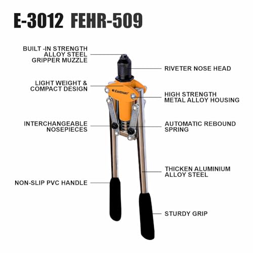 Image of Eastman Hand Riveters 509 mm Pop Rivet Gun Fast Hitting Professional Chrome Handled Riveting Tool for Metal Furniture Automotive Home Workshop (E-3012)