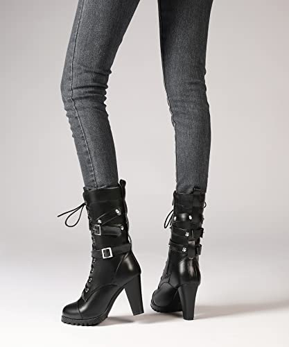 Susanny Goth Boots For Women Harley Boots Black Steampunk Shoes Heeled Combat Boots Gothic Leather High Heel Mid Calf Motorcycle Boots 7.5 #TOP3