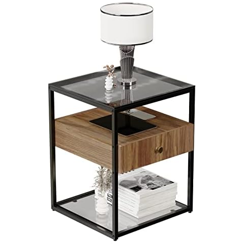 Artloge Glass Bedside Table with Drawer: Bedside Cabinet - Sturdy Sofa Table Industrial Design Vintage Brown / Black 43 x 43 x 54 cm Cover