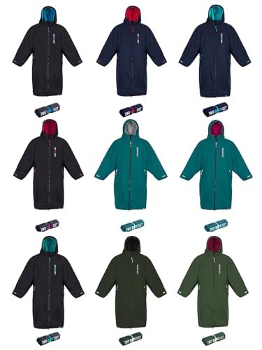 Two Bare Feet Waterproof Changing Robe with Changing Mat for Kids & Adults, Hooded Sherpa Fleece Lined, Windproof Outdoor Coat for Swimming, Surfing, Beach (6-10 Years, Navy/Blue)