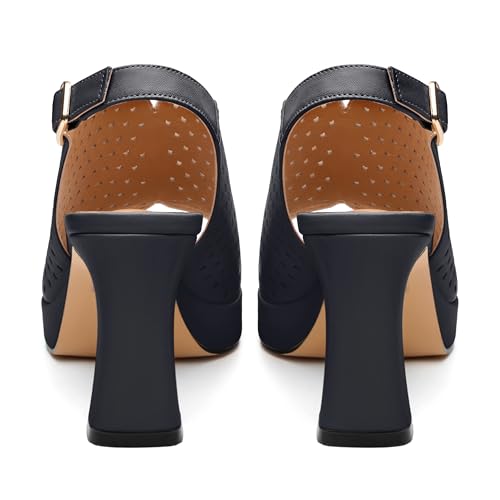 Image of Womens Heeled Platform Sandals, Chunky Heel Square Peep Toe Hollow Out Slingback Sandals, Leather Upper, Lining and Insole Shoes for Women 3.3 inch