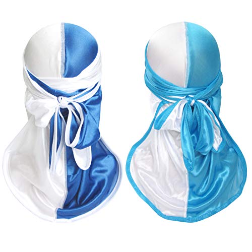 Comforclear Silky Durag for Men Women Wave Durag Two Tone 360 Waves Pirate Cap with Long Tail Wide Straps 2 PCS (Blue and Lake Blue), Medium