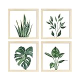 ArtbyHannah 10x10 Framed Bathroom Art Wall Collage Kit for Gallery Wall with Botanical Green Leaf Plant Prints and Natural Frames, Set of 4