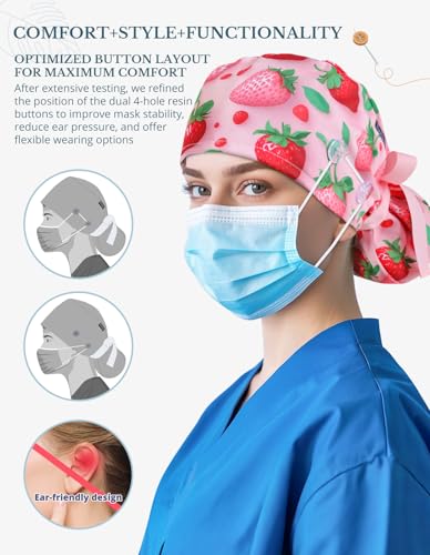 Scrub-Caps-Women-Ponytail--Strawberry-Delight-Double-Sided-Printed-Surgical-Hat-with-Buttons-and-Sweatband-Soft-Nurse-Cap-for-Long-Hair-Helps-Reduce-Static-Buildup