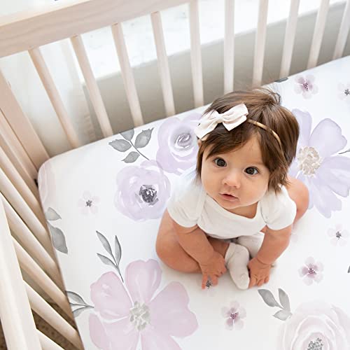 Sweet Jojo Designs 2P-CS-WATERCOLORFLORAL-LV-GY-PRT Lavender Purple Boho Floral Girl Baby Fitted Crib Sheet Set Nursery Soft Infant Newborn Standard Mattress Toddler Bed Pink Grey White Bohemian Shabby Chic Rose Watercolor Flower thumb #3