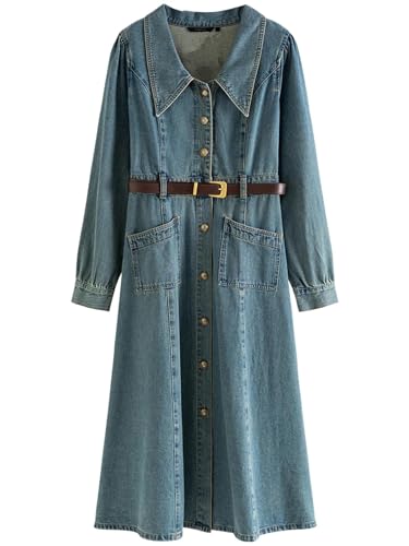 Hameadner Women'S Long Skirt Waist High Pleated Waist Denim Dress For Women M Denimblue
