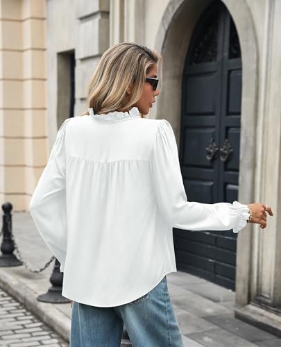 Button Down Shirts for Women Dressy Casual Long Puff Sleeve Blouses Elegant Retro Fall Pleated Tops Business Casual3