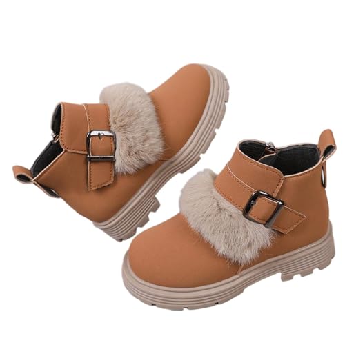 Girls Furry Winter Boots with Buckle Cozy Platform Chunky Heel Mid Calf Booties Anti-Slip Snow Boot