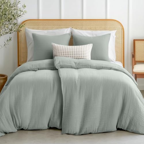 Dreamzie Musselin Bettwäsche 135x200 cm aus 100% Baumwolle - Bettwäsche Set mit 2 Bettbezüge und 2 Kissenbezüge 80x80 cm - Weiche Oeko-Tex Bettwäsche mit Reißverschluss - Blau Grau