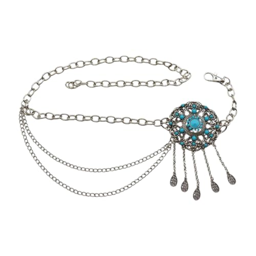 Women Western Style Fashion Belt - Silver Metal Chain Links Turquoise Blue Beads Ethnic Flower z3032