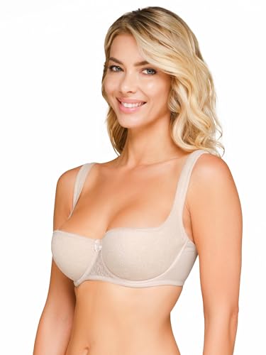 Image of Rosme Women's Balconette Bra with Push Up Effect Plus Size Sexy Lace Demi Half Cup Bra Underwired Low Cut Mesh Bras Grand