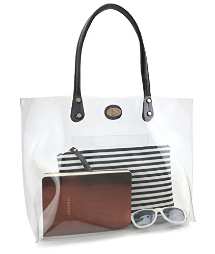 Bolso tote de PVC transparente para mujer con clutch a rayas miniatura 3