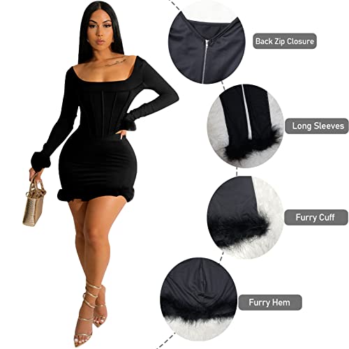 Vssjavun 2 Piece Outfits Clubwear For Women Furry Trim Square Collar Mesh Sleeves Tops And Short Skirt Sets Zipper Tracksuits(Black,Xl) #TOP3