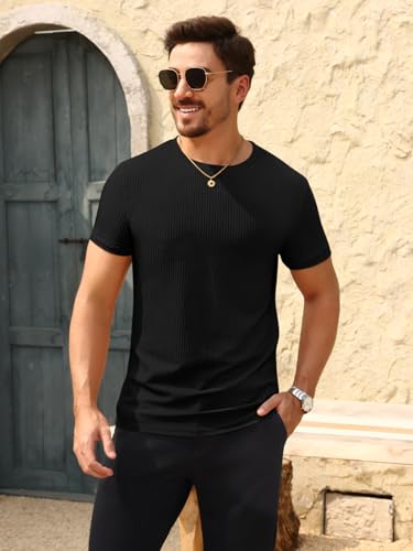 Beotyshow Men's Ribbed Knit T Shirts Short Sleeve Crew Neck Slim Fit Stretchy Muscle Shirts Basic Solid Tee Tops2