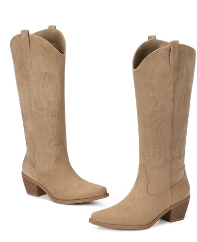 Image of Pasuot Western Cowboy Boots for Women - Knee High Wide Calf Cowgirl Boots, Slip On Pointed Toe Chunky Heel Fashion Retro Classic Pull On Tall Boot for ladies Party concert