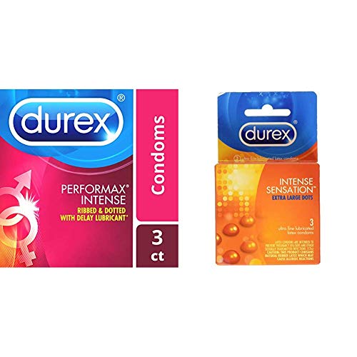 Ultra Fine Natural Latex Durex Performax Intense Condom 3 Count, Ribbed & Dotted with Delay Lubricant and Durex Intense Sensation Dotted Condom, 3 ct, Ultra Fine & Lubricated with Dots