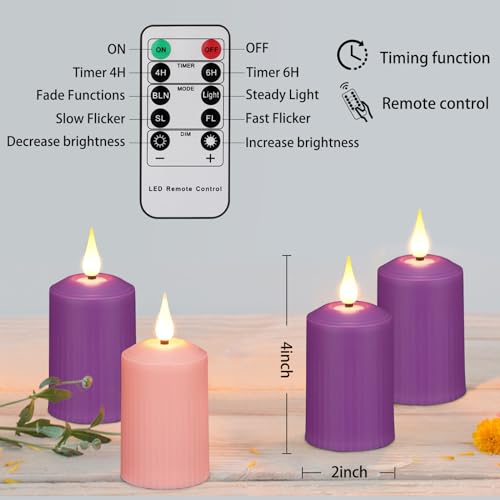 Image of yunsheng Flameless Advent Candles Purple and Pink, 4 Inch Battery Operated LED Advent Pillar Candles with Remote Timer, 350+ Hours Long Lasting Candles for Christmas Advent Rituals and Wreath,Set of 4