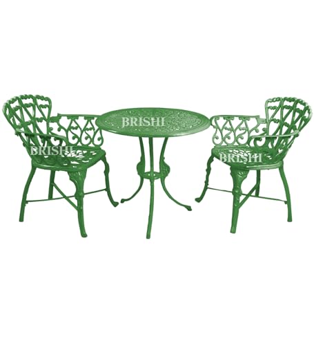 Image of BRISHI Cast Aluminium Garden Patio Seating Chair and Table Set for Balcony Outdoor Furniture with 1 Table and 2 Chair Set (Green)