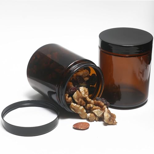 HORMERRY 8oz Glass Jars with Lids, 2 pack Jars Amber 250g Empty Round Cosmetic Containers for Sample, Powder,Body Butter,Cream, Lotion, Spice