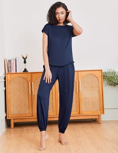 Image of Ekouaer Pajamas for women 2 Piece Lounge Set Cap Sleeve Sleepwear Joggers Pants Pjs with Pockets S-XXL