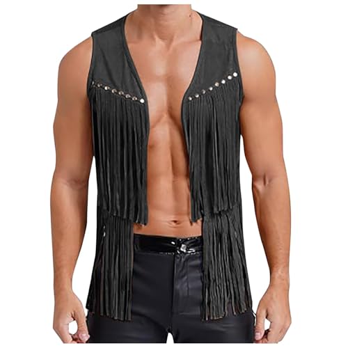 Men's Sleeveless V Neck Fringe Trim Open Front Studded Cowboy Western Hippie Faux Suede Vest Jacket Tassel Tops