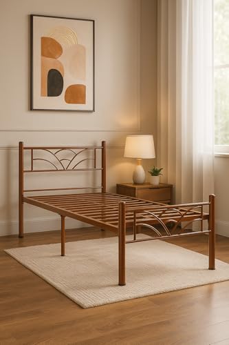 Image of Zyra Metal Single Size Bed Without Storage | Wrought Iron Single Bed with Headboard & Footboard| Sturdy Powder Coated Platform Cot for Bedroom, Living Room, (Zyra Brown)